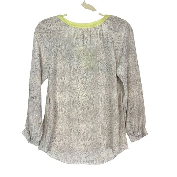 Rebecca Taylor Silk Blouse Womens 4 Gray Snakeskin Print yellow Tie Ribbon top - Picture 2 of 12